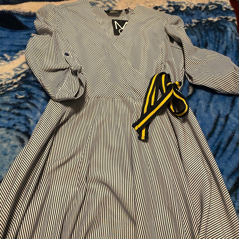 Blue and white stripe dress with a belt